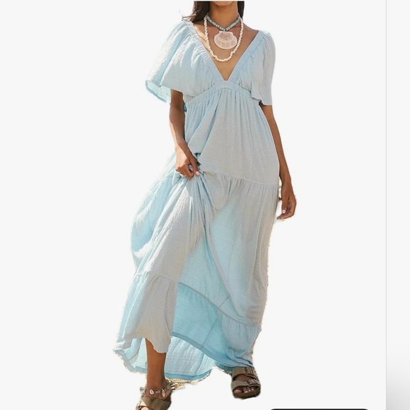 Dresses & Skirts - Light Blue V-Neck Maxi Dress - Elegant Tiered Summer Dress